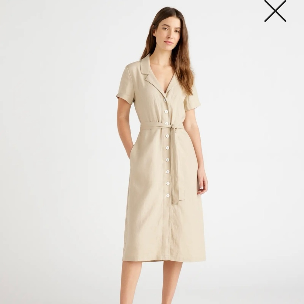 Beige Button-Front Shirt Dress with Tie Waist